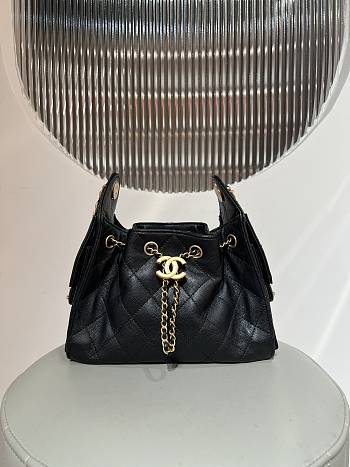 Kitlife Chanel 25C Drawstring Bucket Hobo Bag Black Grained Leather 20x22x12.5cm