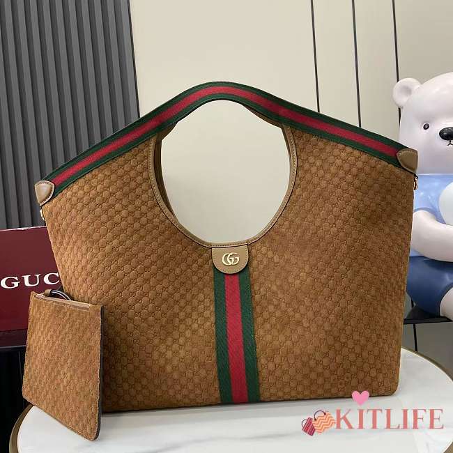 Kitlife Gucci Giglio Large Tote Bag Brown Suede GG Canvas 853971 60x47x16cm - 1