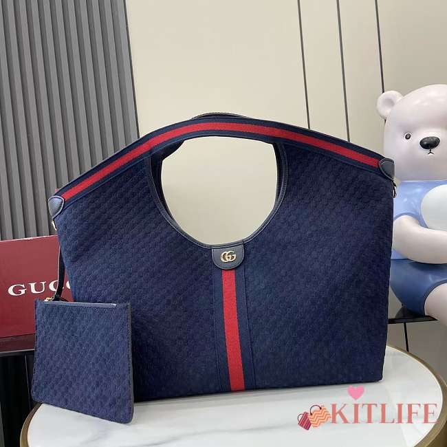 Kitlife Gucci Giglio Large Tote Bag Dark Blue Suede GG Canvas 853971 60x47x16cm - 1