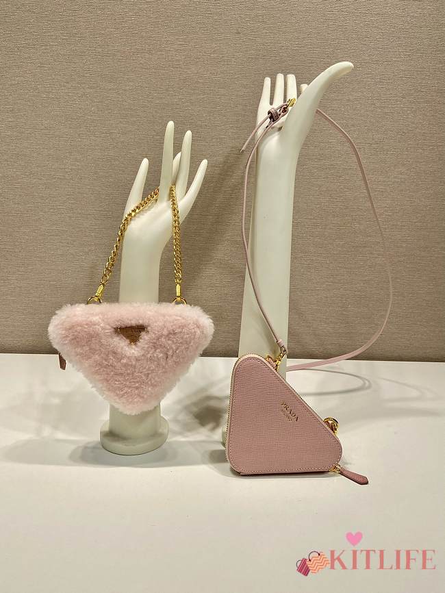 Kitlife Prada Twin Triangle Bag Pink Fur Leather 1NR015 15x10x5cm - 1