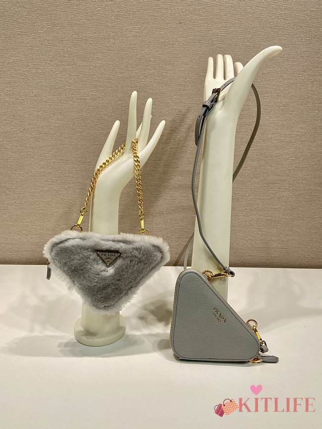 Kitlife Prada Twin Triangle Bag Grey Fur Leather 1NR015 15x10x5cm - 1
