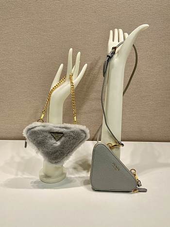 Kitlife Prada Twin Triangle Bag Grey Fur Leather 1NR015 15x10x5cm