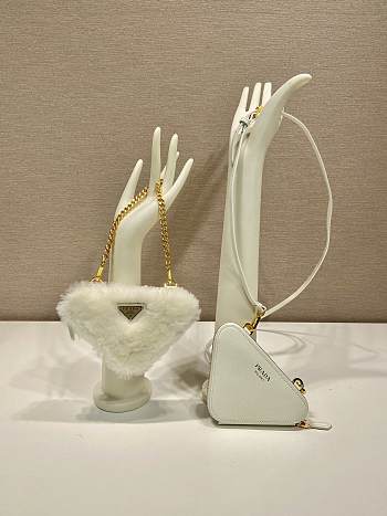 Kitlife Prada Twin Triangle Bag White Fur Leather 1NR015 15x10x5cm