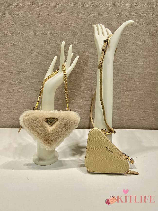 Kitlife Prada Twin Triangle Bag Beige Fur Leather 1NR015 15x10x5cm - 1
