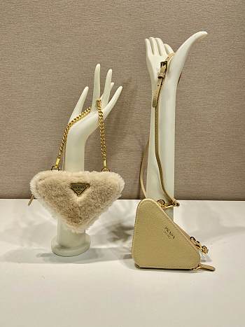 Kitlife Prada Twin Triangle Bag Beige Fur Leather 1NR015 15x10x5cm