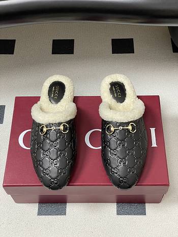 Kitlife Gucci Princetown Classic Wool Slippers Black Leather 