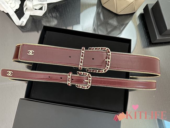 Kitlife Chanel Interlocking CC Logo Belt Burgundy With Gold Buckle - 1