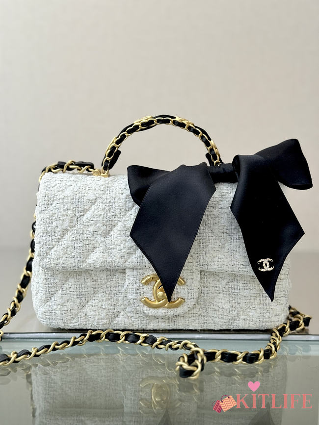 Kitlife Chanel 25k Velvet Bow Mini CF Bag with Handle White 20cm  - 1