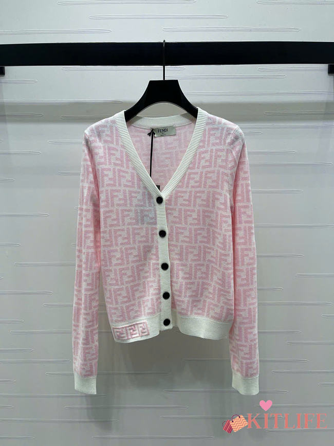 Kitlife Fendi Double-F Wool V-neck Knit Cardigan Pink & White - 1