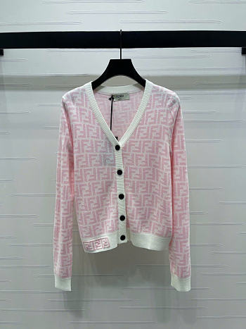 Kitlife Fendi Double-F Wool V-neck Knit Cardigan Pink & White