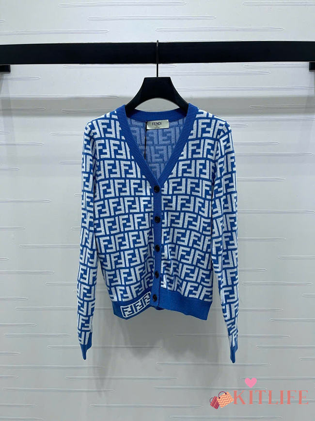 Kitlife Fendi Double-F Wool V-neck Knit Cardigan Blue - 1