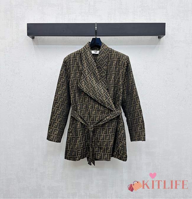 Kitlife Fendi Fold-down Collar Jacquard Coat Brown - 1