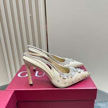 Kitlife Gucci Talia 105 Embellished Satin Slingback Pumps Beige