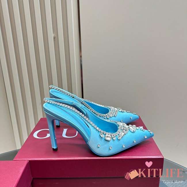 Kitlife Gucci Talia 105 Embellished Satin Slingback Pumps Blue - 1