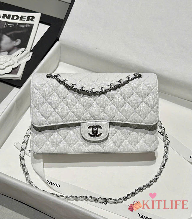 Kitlife Chanel Classic Flap Jumbo White Caviar Leather Bag Silver Hardware - 30cm  - 1