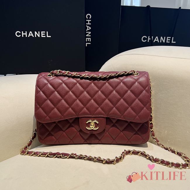 Kitlife Chanel Classic Flap Jumbo Burgundy Caviar Leather Bag Gold Hardware - 30cm  - 1