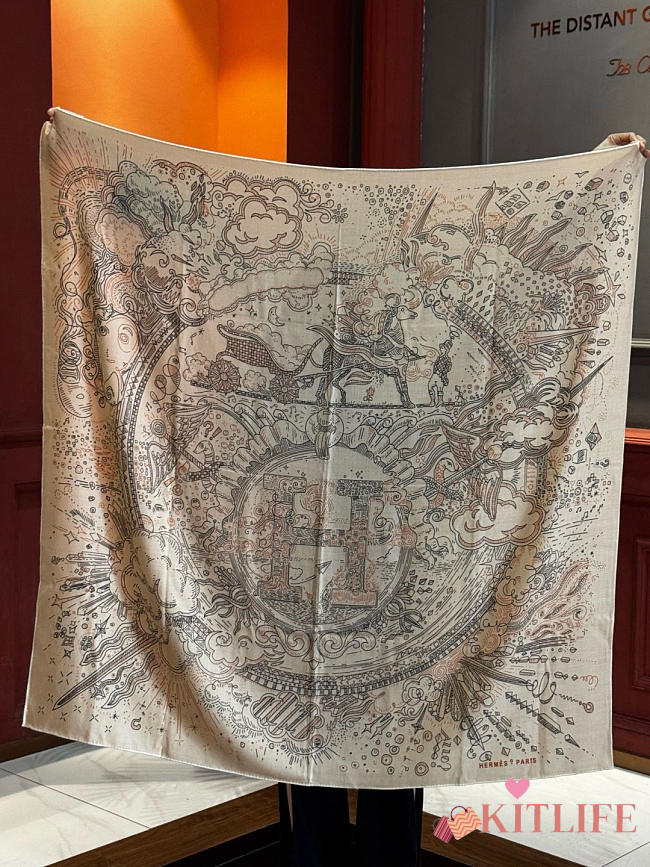 Kitlife Hermes Silk Velvet Square Scarf Beige 140x140cm - 1