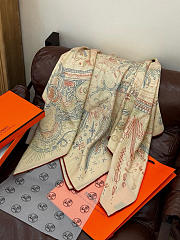 Kitlife Hermes Silk Velvet Square Scarf Beige & Red 140x140cm  - 6