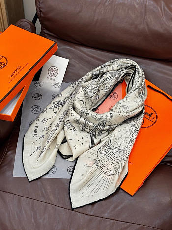 Kitlife Hermes Silk Velvet Square Scarf White & Black 140x140cm