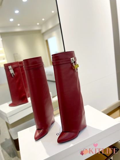 Kitlife Givenchy Shark Lock Leather Knee-high Boots In Burgundy - 1
