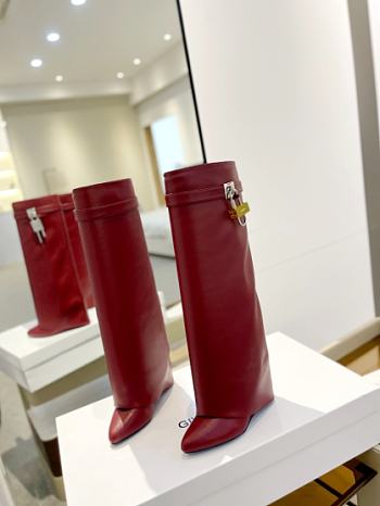 Kitlife Givenchy Shark Lock Leather Knee-high Boots In Burgundy