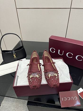 Kitlife Gucci Women's GG Crystal Horsebit Ballet Flat Red