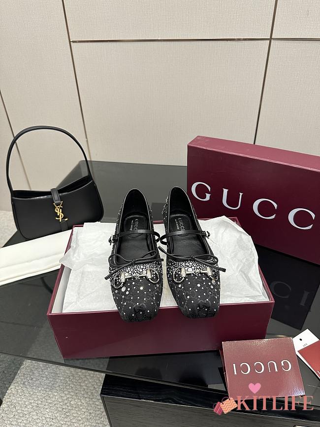 Kitlife Gucci Women's GG Crystal Horsebit Ballet Flat Black - 1