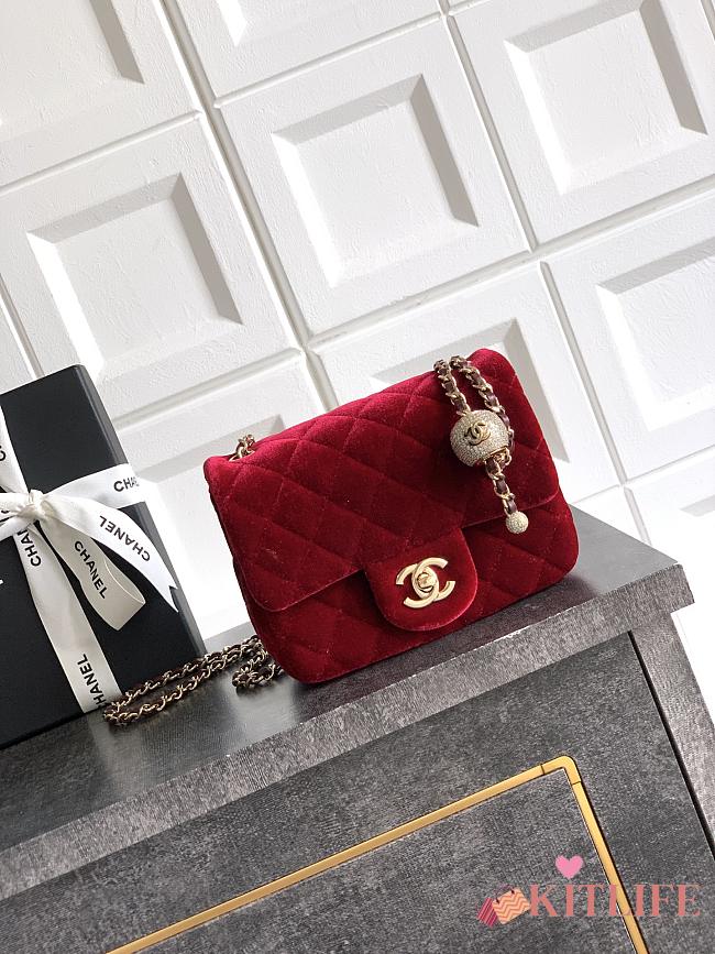 Kitlife Chanel 25B Red Velvet Bag With Rhinestone Balls AS1786 18cm - 1