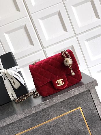 Kitlife Chanel 25B Red Velvet Bag With Rhinestone Balls AS1786 18cm
