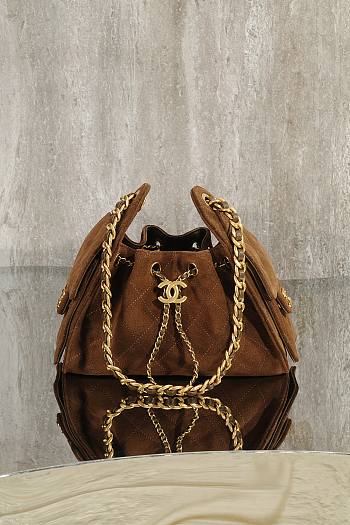Kitlife Chanel 25s Drawstring Bucket Hobo Bag Brown Suede Leather 20x22x12.5cm 
