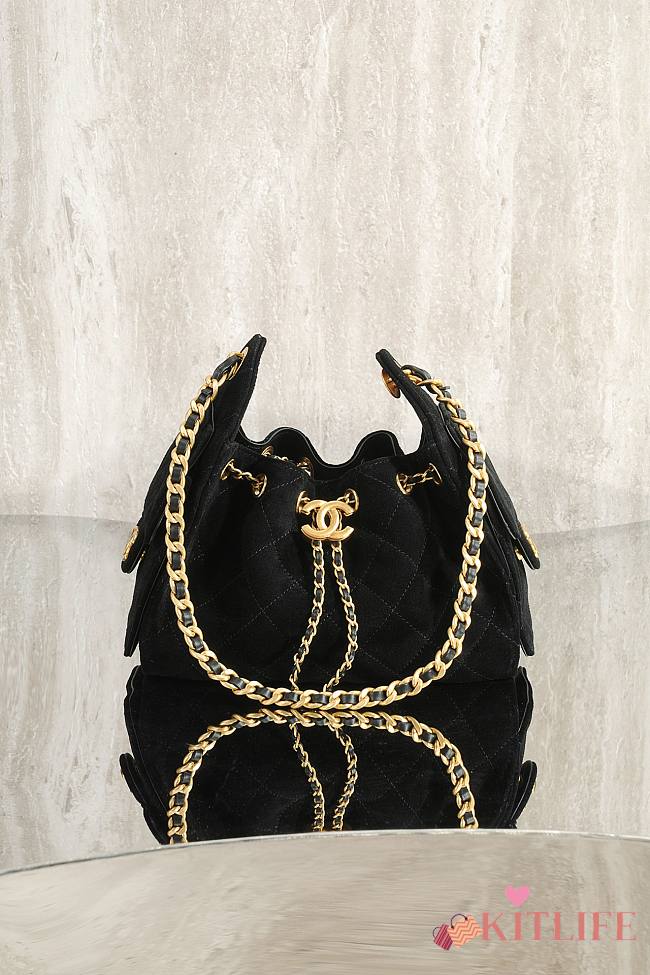 Kitlife Chanel 25s Drawstring Bucket Hobo Bag Black Suede Leather 20x22x12.5cm  - 1