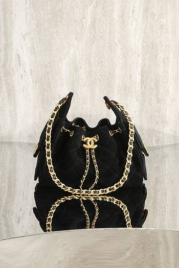 Kitlife Chanel 25s Drawstring Bucket Hobo Bag Black Suede Leather 20x22x12.5cm 
