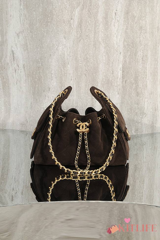 Kitlife Chanel 25s Drawstring Bucket Hobo Bag Dark Brown Suede Leather 20x22x12.5cm  - 1