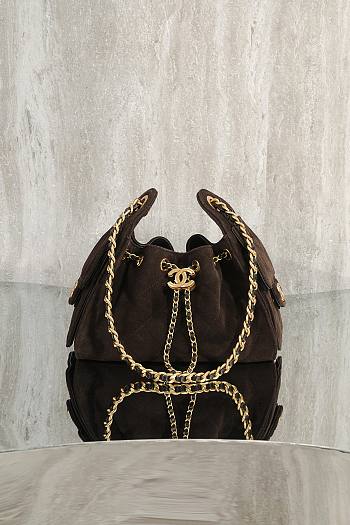Kitlife Chanel 25s Drawstring Bucket Hobo Bag Dark Brown Suede Leather 20x22x12.5cm 