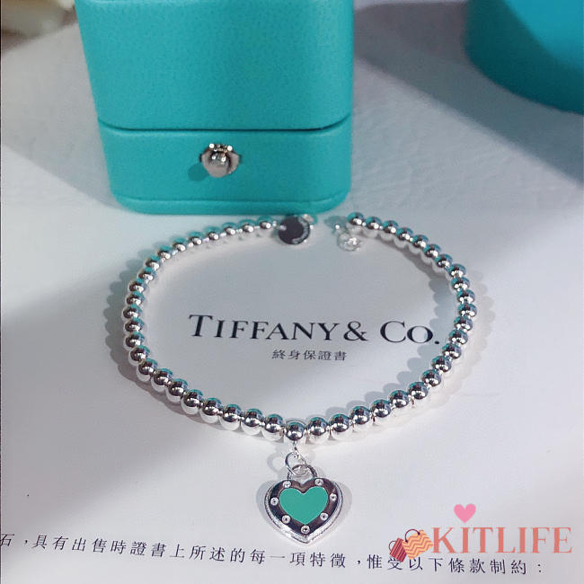 Kitlife Tiffany & Co. Enamel Silver Bead Bracelet With Blue / Red Heart  - 1