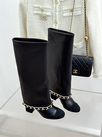 Kitlife Chanel High-heeled Boots Black Sheepskin & Grosgrain Fabric