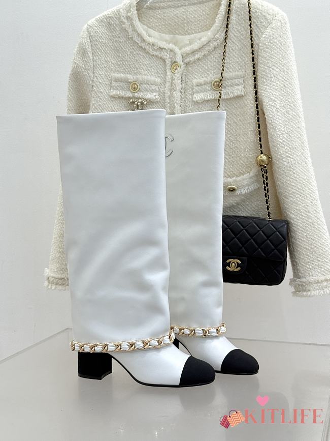 Kitlife Chanel High-heeled Boots White Sheepskin & Grosgrain Fabric  - 1