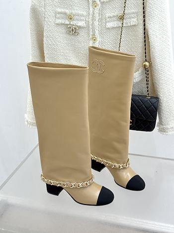 Kitlife Chanel High-heeled Boots Beige Sheepskin & Grosgrain Fabric 