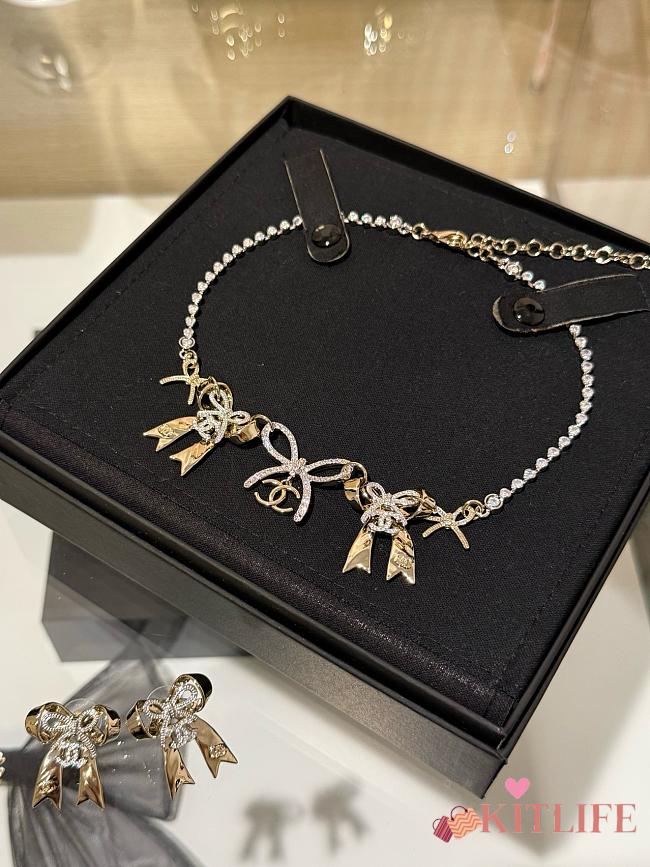 Kitlife Chanel 25k Gold And Silver Double Bow Crystal Necklace  - 1
