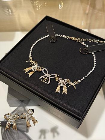 Kitlife Chanel 25k Gold And Silver Double Bow Crystal Necklace 