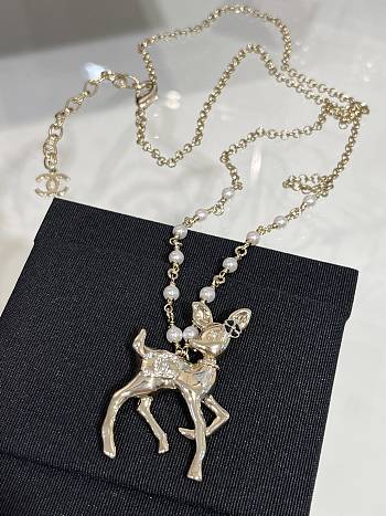 Kitlife Chanel 25P Gold Deer Full Diamond Double C Pearl Necklace 