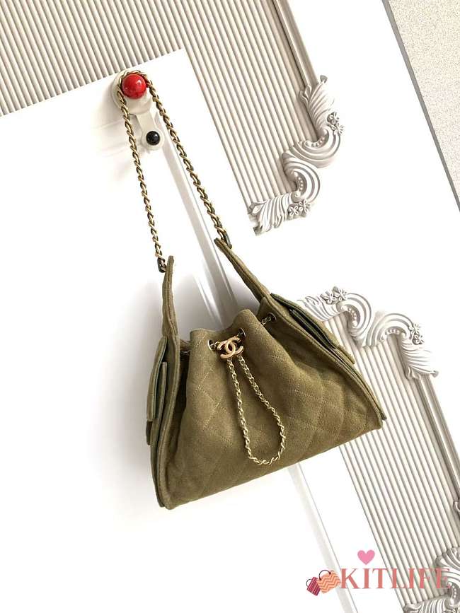 Kitlife Chanel 25C Drawstring Bucket Hobo Bag Green Suede AS5293 30×26×14cm  - 1