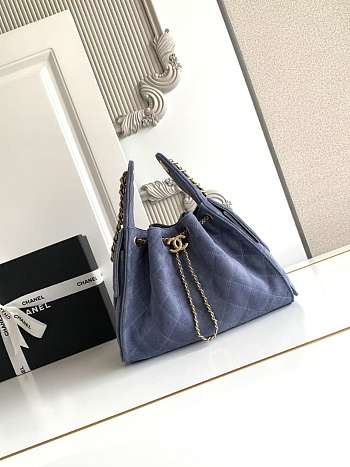Kitlife Chanel 25C Drawstring Bucket Hobo Bag Blue Suede AS5293 30×26×14cm 