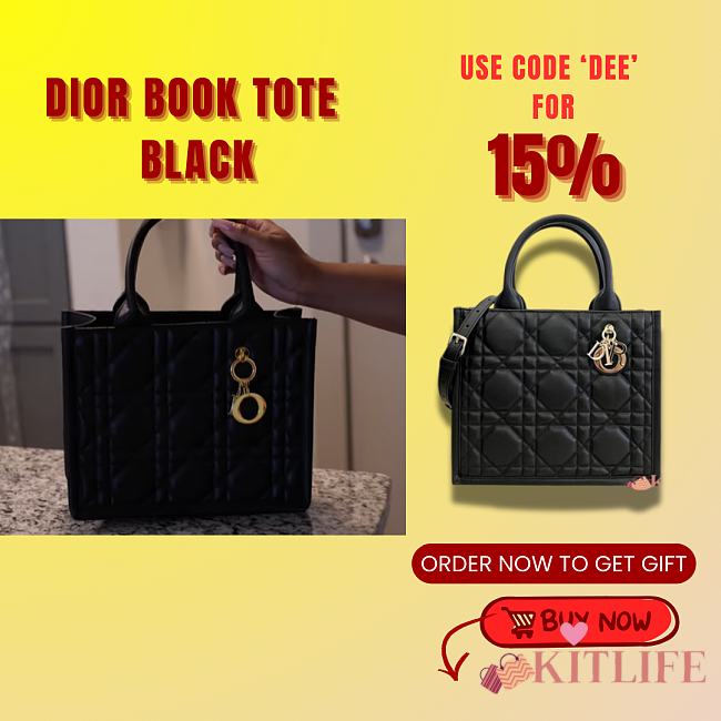 Kitlife Small Dior Book Tote Black Macrocannage Calfskin bag - 26.5x21x14cm - 1