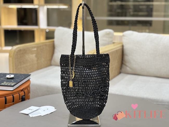 Kitlife Chloe Banana Embellished Raffia Tote Bag Black 22x30x2cm  - 1