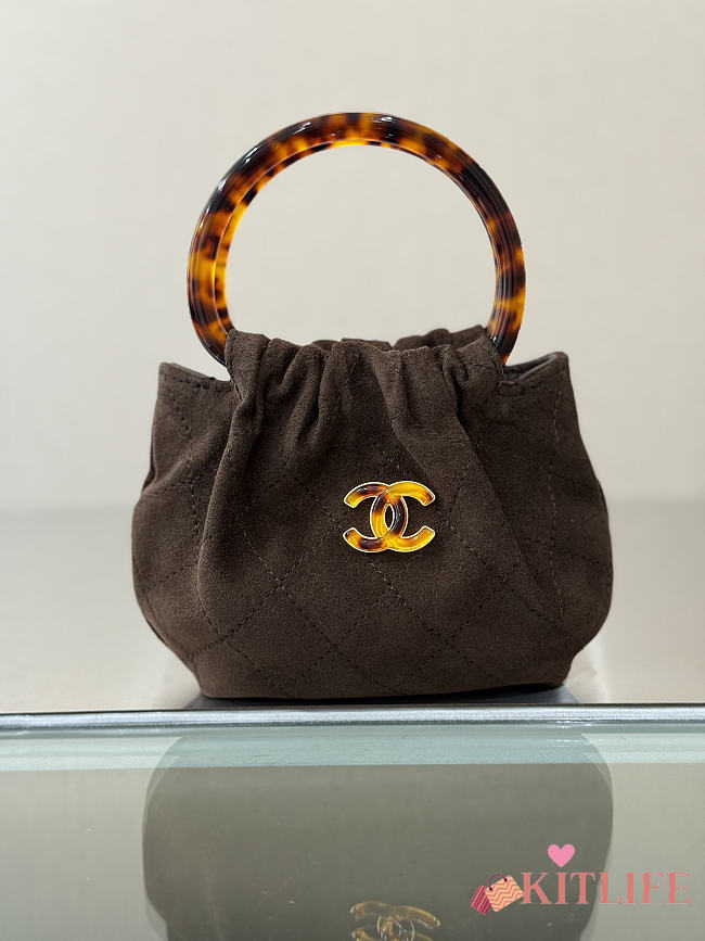 Kitlife Chanel Mini Pouch Dark Brown Suede Calfskin, Turtoise-Shell Effect Plexi & Gold-Tone Metal AP4981 12x9x5cm - 1
