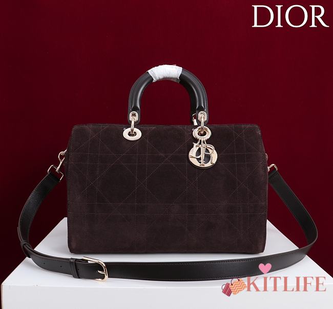 Kitlife Dior Lady Cannage Handbag Dark Brown Suede 34×35×20cm - 1
