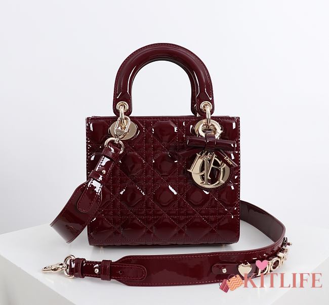 Kitlife Dior Lady My ABC Dior Bag Burgundy Patent Leather With Bow 20x17x8cm - 1