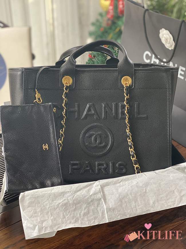 Kitlife Chanel Bordeaux Leather Deauville Studded Logo Tote Bag Black A66941 30×50×22cm - 1