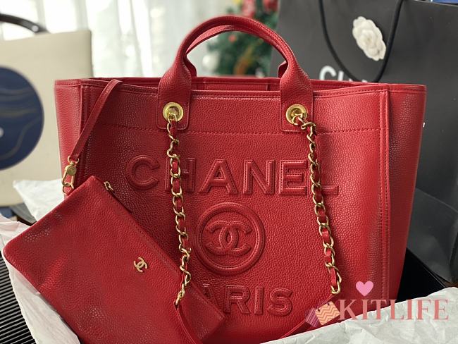 Kitlife Chanel Bordeaux Leather Deauville Studded Logo Tote Bag Red A66941 30×50×22cm - 1
